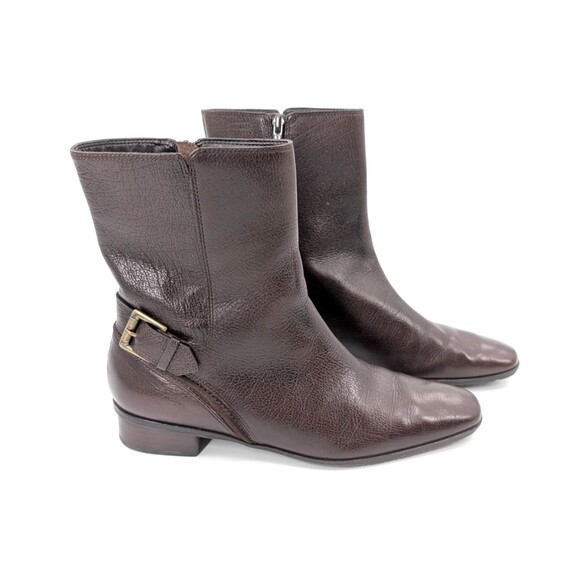 Talbots Layla Chocolate Brown Leather Low-Heel Square Toe Buckle Boots Size 7 - Picture 1 of 8